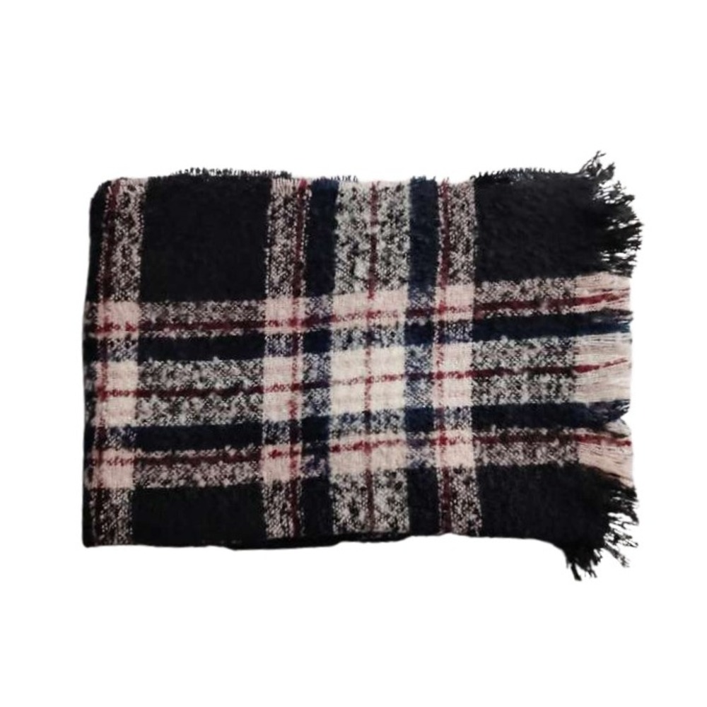 Francescas Plaid Scarf Boucle Black Red White Blue Fringe One Size Polyester